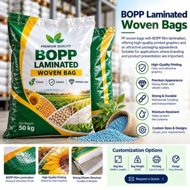 High-quality BOPP laminated woven bag displaying multicolored printed graphics