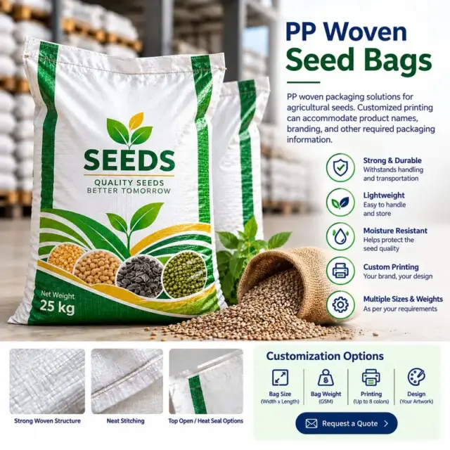Custom printed PP woven seed packaging bag featuring agricultural branding