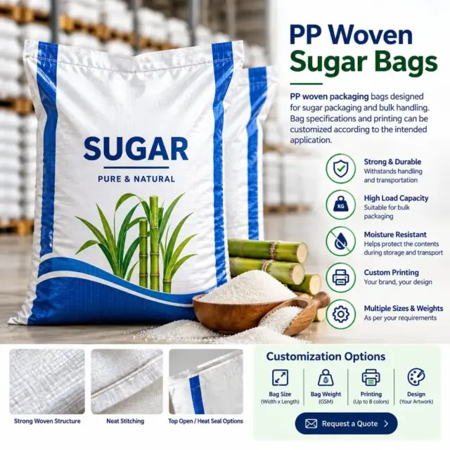 Durable PP woven packaging bag designed for bulk sugar handling by Apex Polyfab