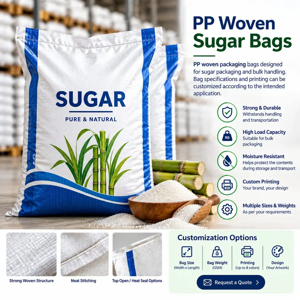 Durable PP woven packaging bag designed for bulk sugar handling by Apex Polyfab