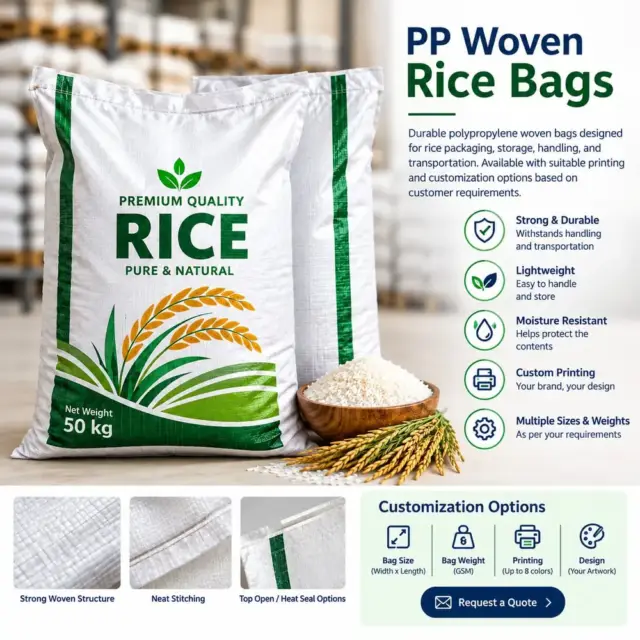 Custom printed PP woven rice bag for secure grain storage and transportation