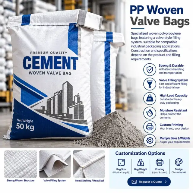 Specialized PP woven valve bag with auto-closing filling system for industrial powders