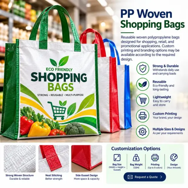 Reusable custom printed PP woven shopping bag for retail and promotional use