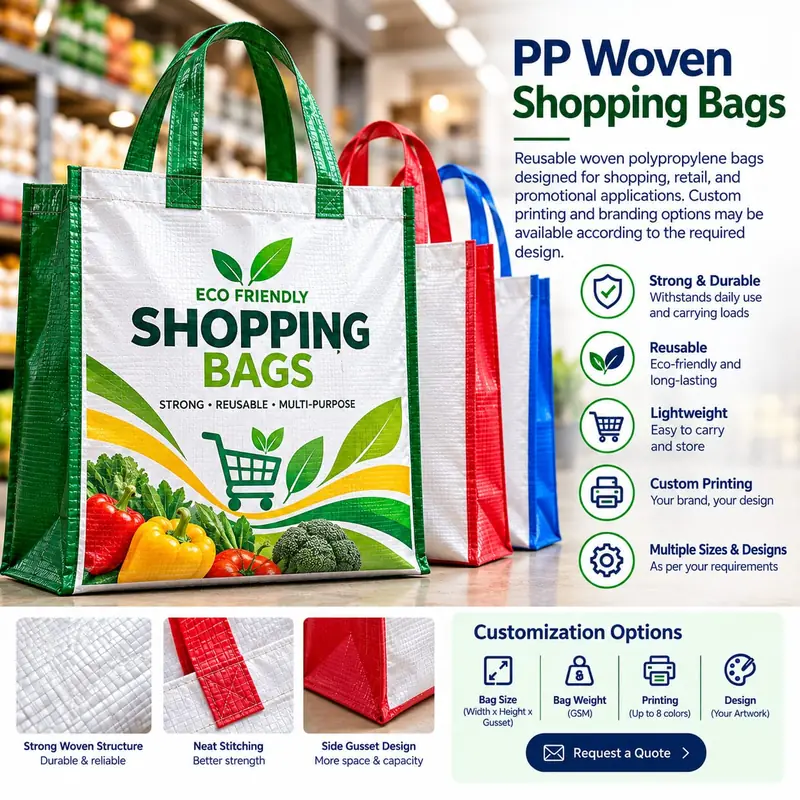Reusable custom printed PP woven shopping bag for retail and promotional use